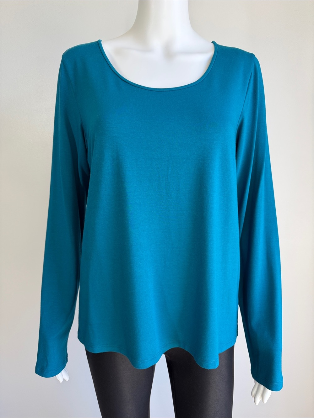 Eileen Fisher Teal Stretch Jersey Scoop Neck Long Sleeve Top M